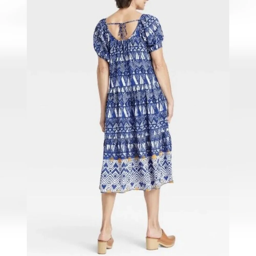 Knox Rose Puff Short Sleeve Tiered Dress Blue Paisley Beach Prairie Size L - Picture 6 of 10